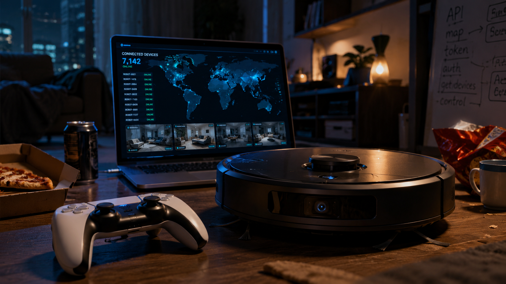 PS5 controller beside laptop displaying connected devices robot vacuum hack
